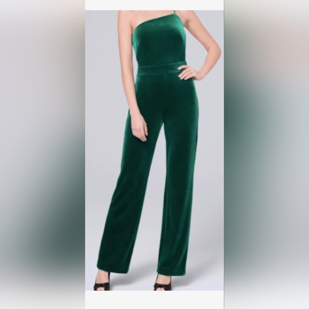 White House Black Market Emerald Velvet Women's Rhinestone Fall Party Jumpsuit 8